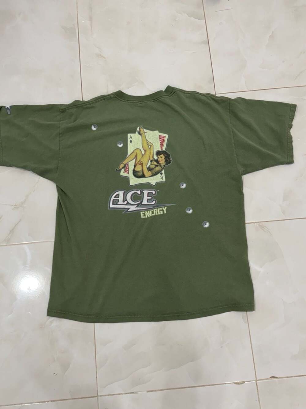 Vintage Ace Energy Pin Up Playing Card Graphic T-Shirt Olive Green Size XL